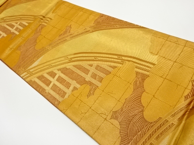 JAPANESE KIMONO / VINTAGE FUKURO OBI / SILK / WOVEN BRIDGE & CLOUD